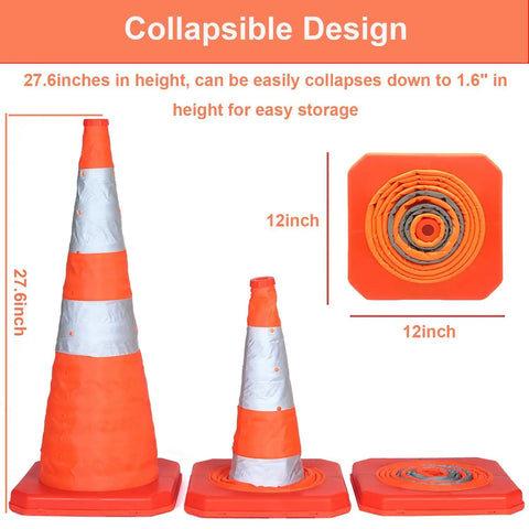 Five Pack 18 Inch Collapsible Traffic Cones With LED Night Lights For Safe Parking And Roadwork shown collapsed and expanded
