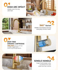Kitchen Faucets with Pull Down Sprayer,WOWOW Gold High Arc Single Handle Classic Stainless Steel Sink Faucet 1 or 3 Hole, Pull Out Kitchen Faucet with Deck Plate & 3 Functions showing high arc spout and 360° swivel features.