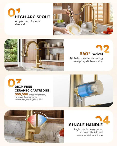 Kitchen Faucets with Pull Down Sprayer,WOWOW Gold High Arc Single Handle Classic Stainless Steel Sink Faucet 1 or 3 Hole, Pull Out Kitchen Faucet with Deck Plate & 3 Functions showing high arc spout and 360° swivel features.
