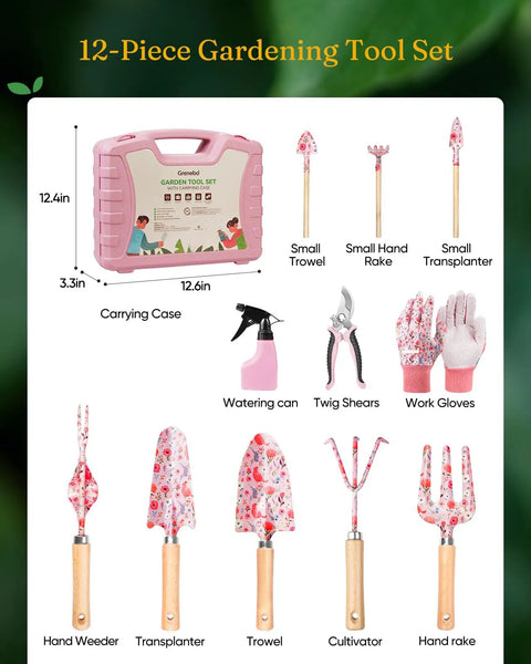12-Piece Pink Yard Tool Set For Women And Men With Durable Carrying Case Rust-Resistant And Heavy-Duty Tools For Digging Planting Pruning Watering