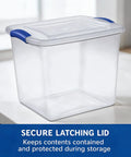 27 Quart Clear Plastic Storage Bin With Lock Down Latching Lid Stackable Organizer Tote For Home Clutter Control on a table.