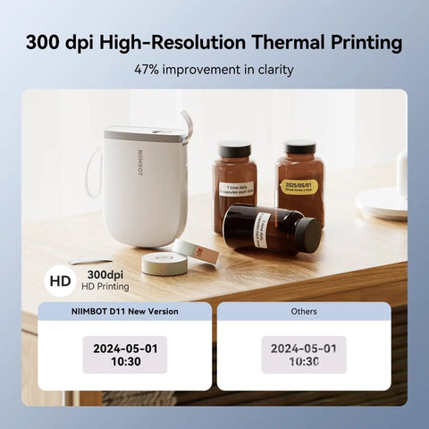 Compact Thermal Label Printer 300DPI High Resolution Portable Label Maker With Adhesive Tape Rolls For Home And Business Organization on a wooden table.