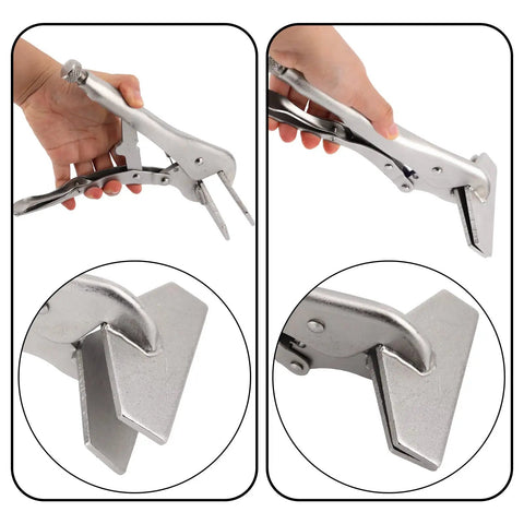 2 Piece 10 Inch Locking Sheet Metal Clamps Heavy Duty Carbon Steel Welding Vise with Lock It Down Adjustable Jaw shown in hand.