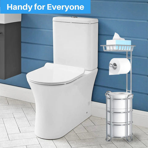 Chrome Free Standing Toilet Paper Holder With Shelf For Phone near toilet, four mega rolls, Easy Reach Organizer Stand