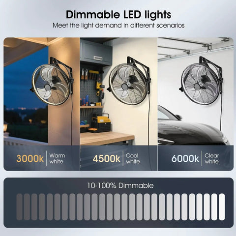 20 Inch Wall Mount Fan With Lights And Dimmable Illumination, 6 Speed High Velocity, 360 Degree Tilt, shown in various settings.