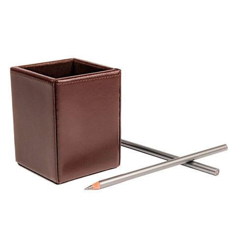Bonded Leather Pencil Cup for Pens and Pencils, No Brainer Luxury Desk Organizer, dark brown leather pen holder with pencils