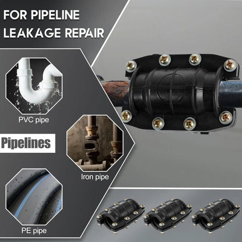 Three Piece Pipe Repair Clamp Kit For Plastic And Metal Pipes Emergency Leak Fix with examples of PVC, iron, and PE pipes