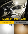 Car interior with bright AUXITO LED light compared to dim halogen, highlighting 194 LED Bulbs 6000K White 14-SMD W5W T10 pack.