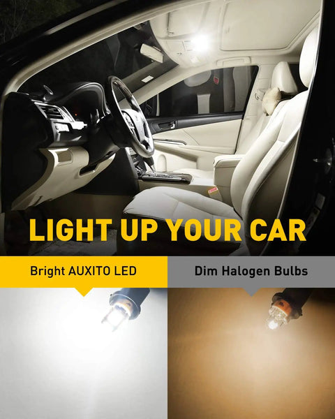Car interior with bright AUXITO LED light compared to dim halogen, highlighting 194 LED Bulbs 6000K White 14-SMD W5W T10 pack.