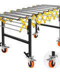 Heavy Duty Adjustable Roller Conveyor With Expandable Flex Deck And Smooth Glide Wheels Built Tough 660 Lb Capacity, yellow accents, sturdy rollers.
