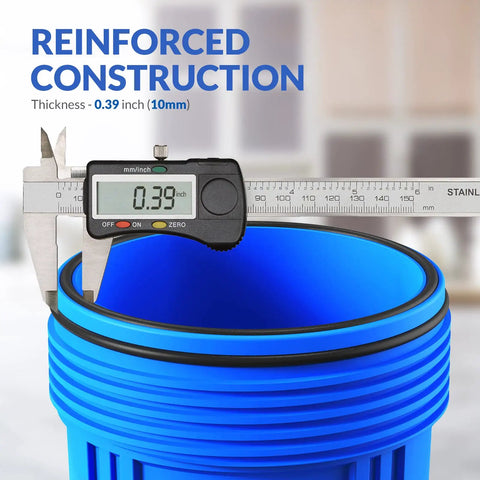 Digital caliper measuring thickness of Whole House Water Filter Housing 10 Inch By 4.5 Inch For Sediment And Carbon Pre Filtration System Universal 1 NPT Port Pressure Release Built To Last For Well And City Water Durable Reinforced Polypropylene Housing