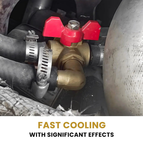 4 Way Automotive Heating Water Valve With 5/8 Inch Solid Brass Build and Manual Control for Vehicle Heater, installed in engine bay.