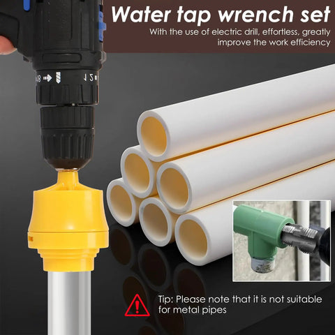 Drill with yellow die threading PVC pipes, part of Turn Your Drill Into A Fast PVC Pipe Threading Pro With This Easy Thread Maker Kit It Includes Three Dies For One Half Inch Three Quarter Inch And One Inch PVC Pipes Reusable Tap Die Set For DIY Plumbing Projects.