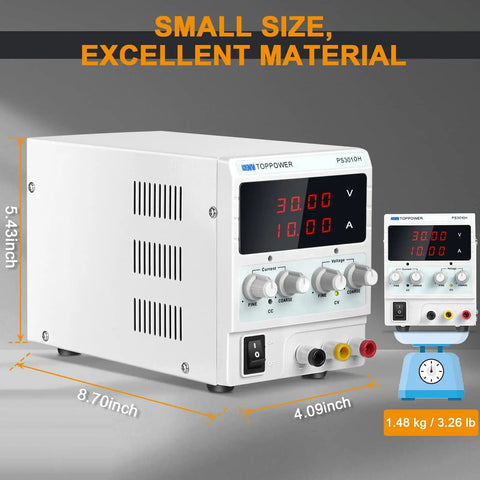 Adjustable DC Bench Power Supply 0 To 30V 0 To 10A With 4 Digit Display shown with dimensions and weight