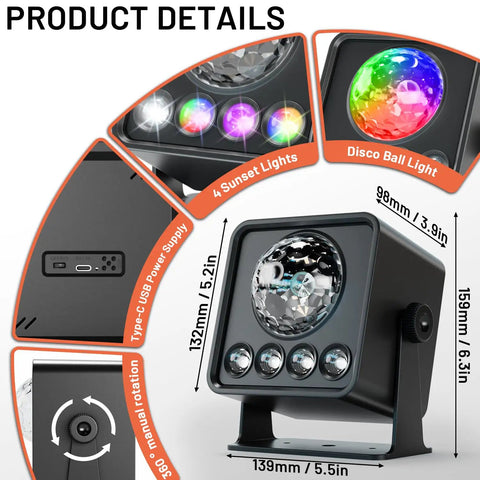 Disco Ball Light Party Lamp With Sunset Mode showcasing 4 sunset lights and disco ball detail, DJ Disco Light with 6 modes.