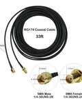 Coiled 33ft RG174 coaxial cable with SMA male and female connectors for SDR WiFi GPS LTE security cameras, low loss.