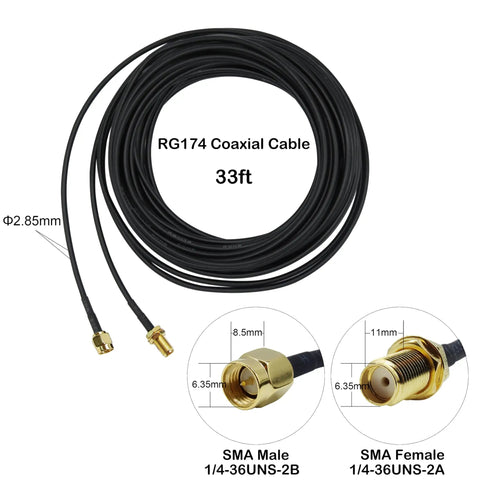 Coiled 33ft RG174 coaxial cable with SMA male and female connectors for SDR WiFi GPS LTE security cameras, low loss.