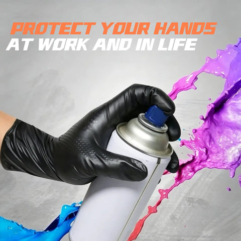 Thick 8 Mil Black Nitrile Gloves Heavy Duty Disposable Work Gear With Serious Diamond Grip Touchscreen Ready Oil Water Resistant All Day Flex Pack Of 100 Large Size used to spray paint.