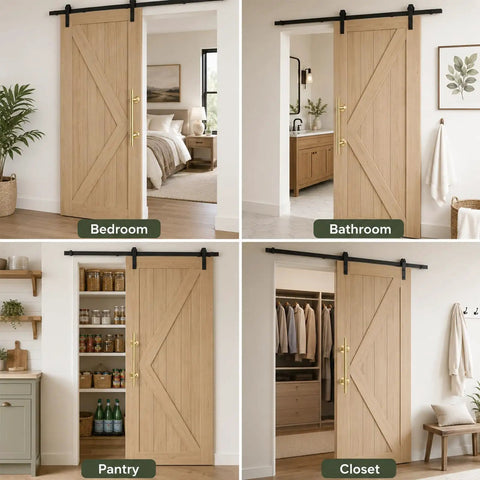 11.5 Inch Barn Door Handle Set With Dual Action Exterior Grip And Two Sided Interior Pull, Heavy Duty Steel Construction In Brushed Brass Gold Finish, Sliding Door Hardware Kit For Wood Doors And Closets on bedroom barn door