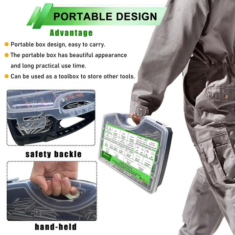 Solid Gear 1680 Piece Hardware Assortment Kit Packed With Heavy Duty Machine Screws Wood Fasteners Hex Bolts Nuts And Washers In Rugged Carrying Box for easy transport.