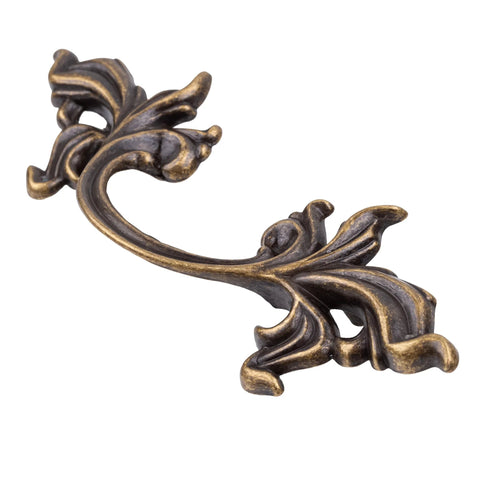 French Provincial Grape Leaf Drawer Pull in antique brass finish, 3 inch centers, die cast zinc hardware for cabinets and dressers.