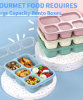 Four Pack 5 Compartment Wheat Straw Lunch Box Set For Adults And Kids Reusable BPA Free Stackable Meal Prep Containers in green, blue, pink, beige.