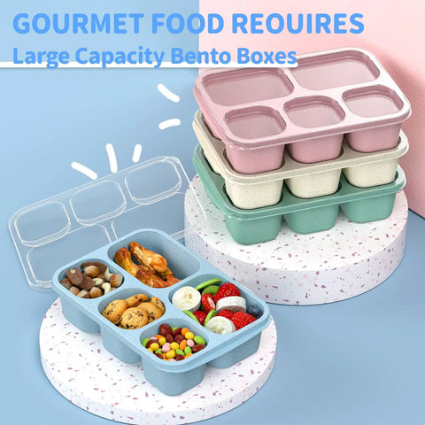 Four Pack 5 Compartment Wheat Straw Lunch Box Set For Adults And Kids Reusable BPA Free Stackable Meal Prep Containers in green, blue, pink, beige.