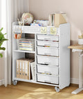Rolling Storage Cart With Top Pegboard And Six Drawers Mobile Utility Cart On Wheels With Locking Brakes Craft Organizer For Home Office And Craft Room White Wood Frame showing organization in a room setting.