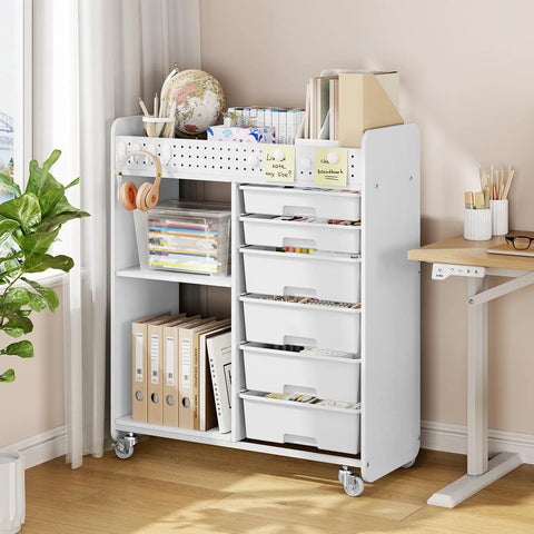 Rolling Storage Cart With Top Pegboard And Six Drawers Mobile Utility Cart On Wheels With Locking Brakes Craft Organizer For Home Office And Craft Room White Wood Frame showing organization in a room setting.