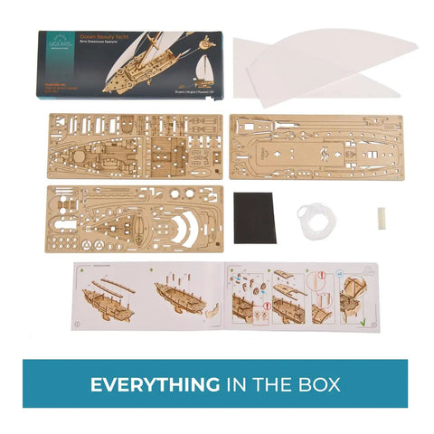 Ocean Beauty Yacht Wooden Model Kit For Adults A 3D Puzzle With Paper Sails And Stand Display Ready Mechanical Sailboat Craft For Brain Teaser Building And Shelf Showpiece, parts layout