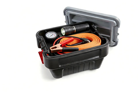 8 Gallon Heavy Duty Plastic Storage Bin With Lockable Lid Black Industrial Tote open showing tools and orange cable inside.
