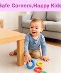 Tough As Nails L Shaped Table Corner Protectors For No Worries Baby Proofing And Toddler Safety 15 Pack Clear Gel Bumpers on wooden table with toddler playing.