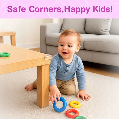 Tough As Nails L Shaped Table Corner Protectors For No Worries Baby Proofing And Toddler Safety 15 Pack Clear Gel Bumpers on wooden table with toddler playing.