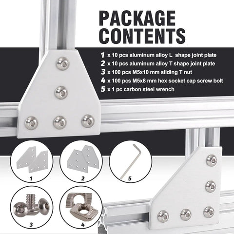 Package contents of 2020 Series Aluminum Corner Bracket Kit with L and T shape joint plates, T nuts, M5 screws, and wrench for 20x20mm extrusion.