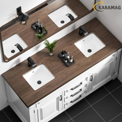 Top view of bathroom vanity with 20 Inch Narrow Undermount Bathroom Sink For Small Vanities White Ceramic Rectangular Under Counter Basin With Overflow No Faucet Holes Ultra Slim Profile