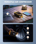 L7 Portable Tire Inflator Cordless Air Compressor 150 PSI shown charging and inflating tire at night with LED light