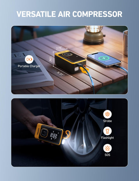 L7 Portable Tire Inflator Cordless Air Compressor 150 PSI shown charging and inflating tire at night with LED light