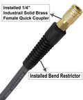 Workhorse Hybrid Air Hose 3/8 By 3 Feet 300 Psi Kink Resistant All Weather Lead In Tubing With 1/4 Inch Quick Disconnect Coupler close-up of coupler detail.