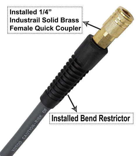 Close-up of Hybrid Air Hose 1/4 Inch By 50 Feet, 300 PSI with brass quick coupler and bend restrictor, gray