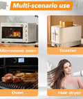 Multi-scenario use: microwave oven, toaster, oven, and hair dryer displayed in separate sections