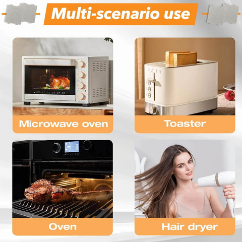 Multi-scenario use: microwave oven, toaster, oven, and hair dryer displayed in separate sections