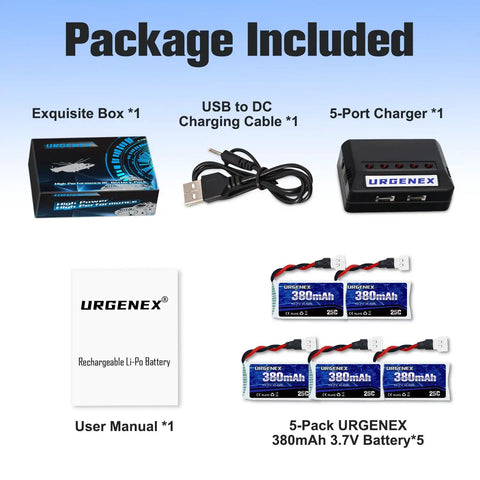 5 Pack 3.7V 380mAh Drone Batteries 25C 1S LiPo With 5In1 Charger Power Up Your SYMA Q11 AT-96 TR-C385 kit contents