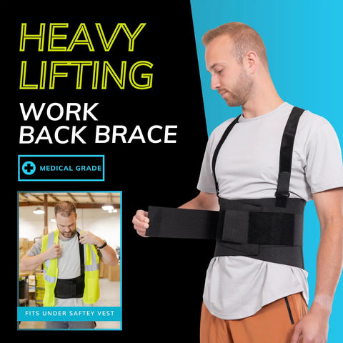 Man wearing Work Back Support Belt For Pain Relief And Heavy Lifting Safety With Removable Shoulder Straps Industrial Grade Lower Back Brace.