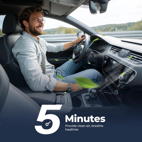 Man driving car with text stating 5 minutes for clean air, related to Cabin Air Filter With Activated Carbon For Toyota Camry Sienna RAV4 4Runner Highlander Tundra Corolla And More Keeps Your Ride Fresh, Odor Free, Pollen Reduced, No Fuss Install Today.