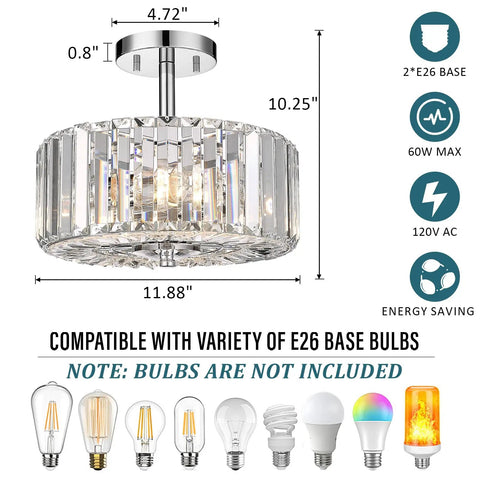 Gold Finish 11.88 Inch Semi Flush Mount Crystal Ceiling Light With Two Lights Modern Round Crystal Chandelier Style Flush Mount