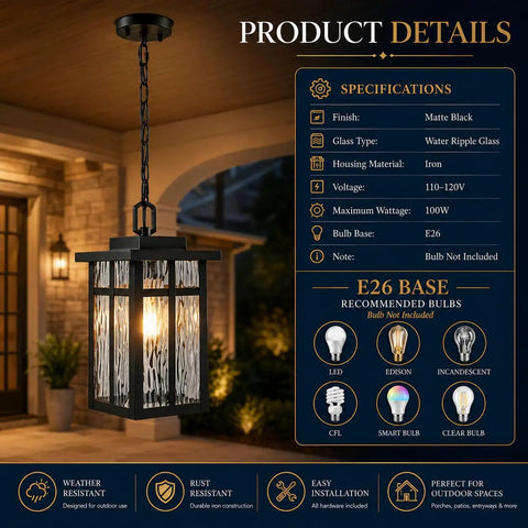Top Shelf Black Outdoor Pendant Light For Porch With Water Ripple Glass Panels And Sleek Square Metal Frame Weatherproof Exterior Hanging Lantern Real Deal Farmhouse Glow Quick Setup shown installed with warm light.