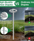 120 Pieces Heavy Duty Landscape Fabric Pins 8 Gauge Galvanized Steel Garden Staples Stakes With Round Head shown in use for comparison