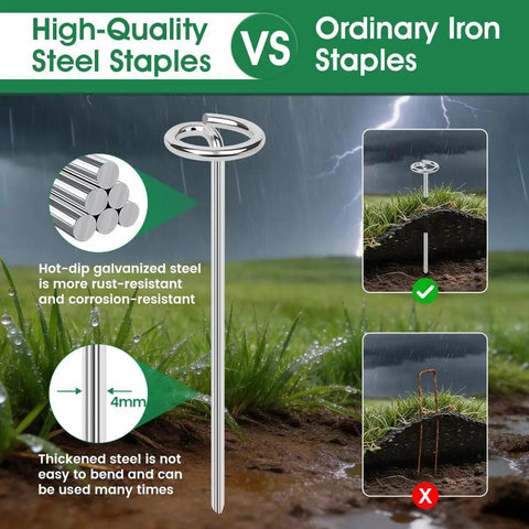 120 Pieces Heavy Duty Landscape Fabric Pins 8 Gauge Galvanized Steel Garden Staples Stakes With Round Head shown in use for comparison