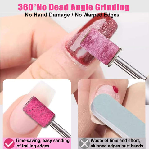 Nail drill sanding bands set with pink abrasive band mounted on a metal mandrel for manicures; mixed grits 80/120/180/240