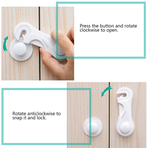 Instructions for using Four Pack Child Safety Cabinet Locks For Baby Proofing Kitchen And Home With Ultra Strong Adhesive Tape.